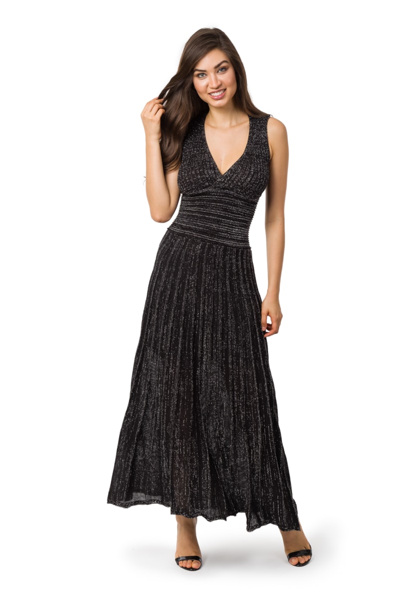 Tricô Vestido Pink Tricot Feminino Longo Plissado Com Lurex Liso Preto