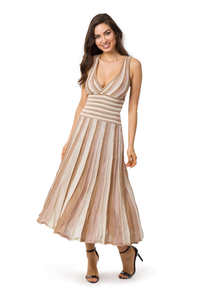 Tricô Vestido Pink Tricot Feminino Longo Plissado Listrado Nude