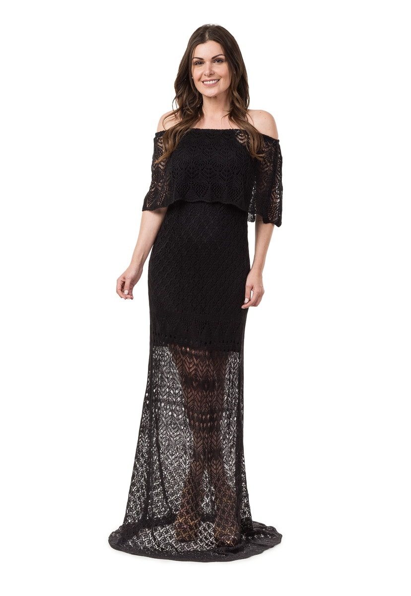 Tricô Vestido Pink Tricot Feminino Ombro a Ombro Longo Preto