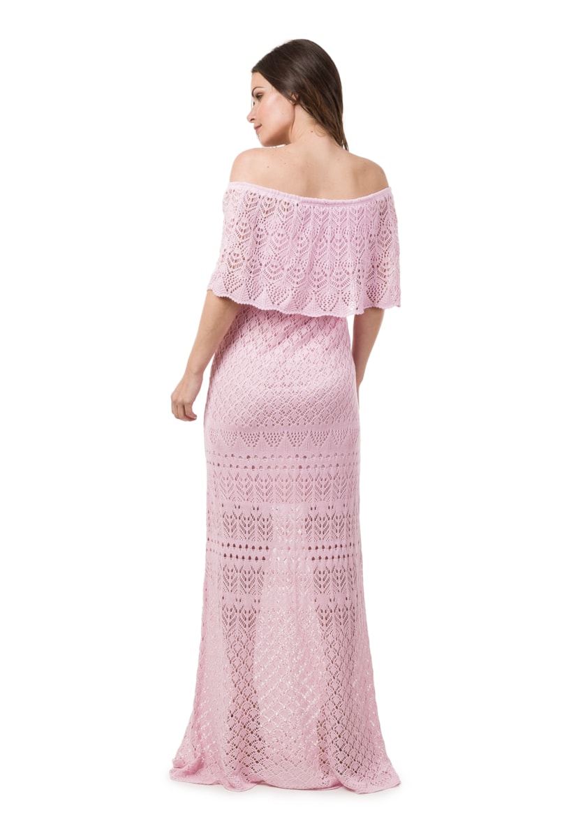 Tricô Vestido Pink Tricot Feminino Ombro a Ombro Longo Rosa Claro