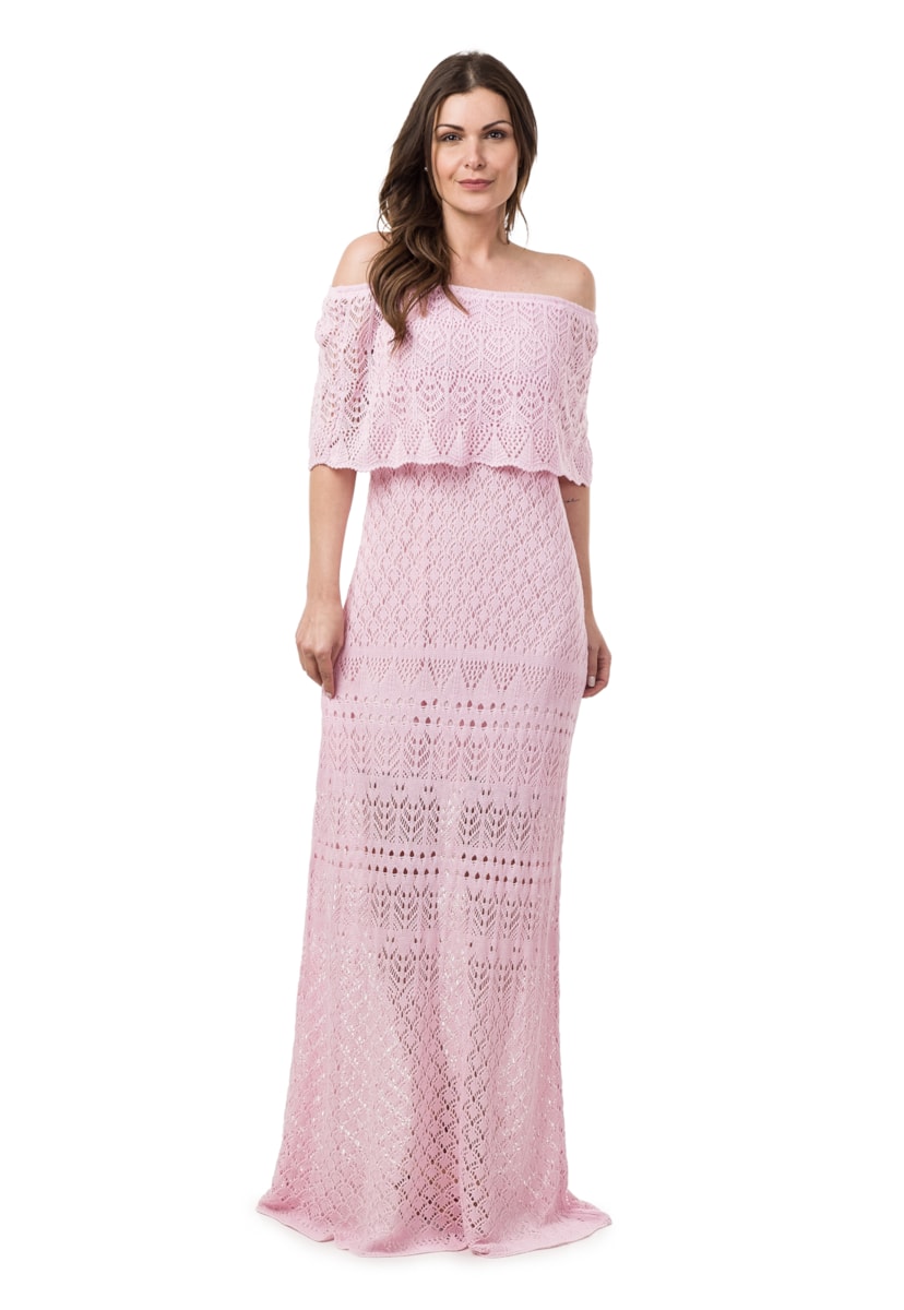 Tricô Vestido Pink Tricot Feminino Ombro a Ombro Longo Rosa Claro