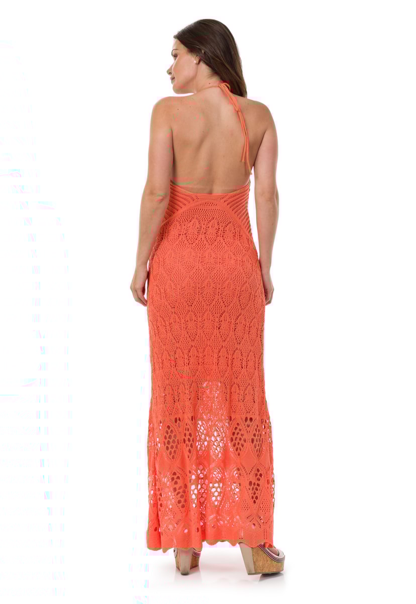 Tricô Vestido Pink Tricot Frente Única Longo Feminino Laranja