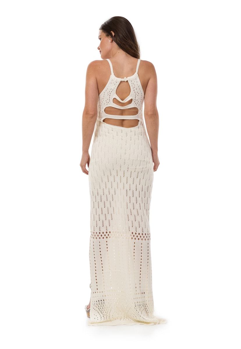 Tricô Vestido Pink Tricot Longo com Fenda Feminino Off White