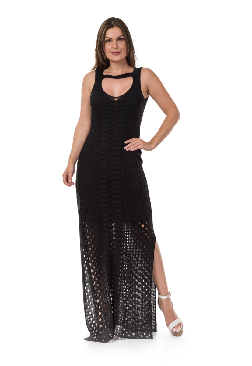 Tricô Vestido Pink Tricot Longo com Fendas Destroyed Feminino Preto
