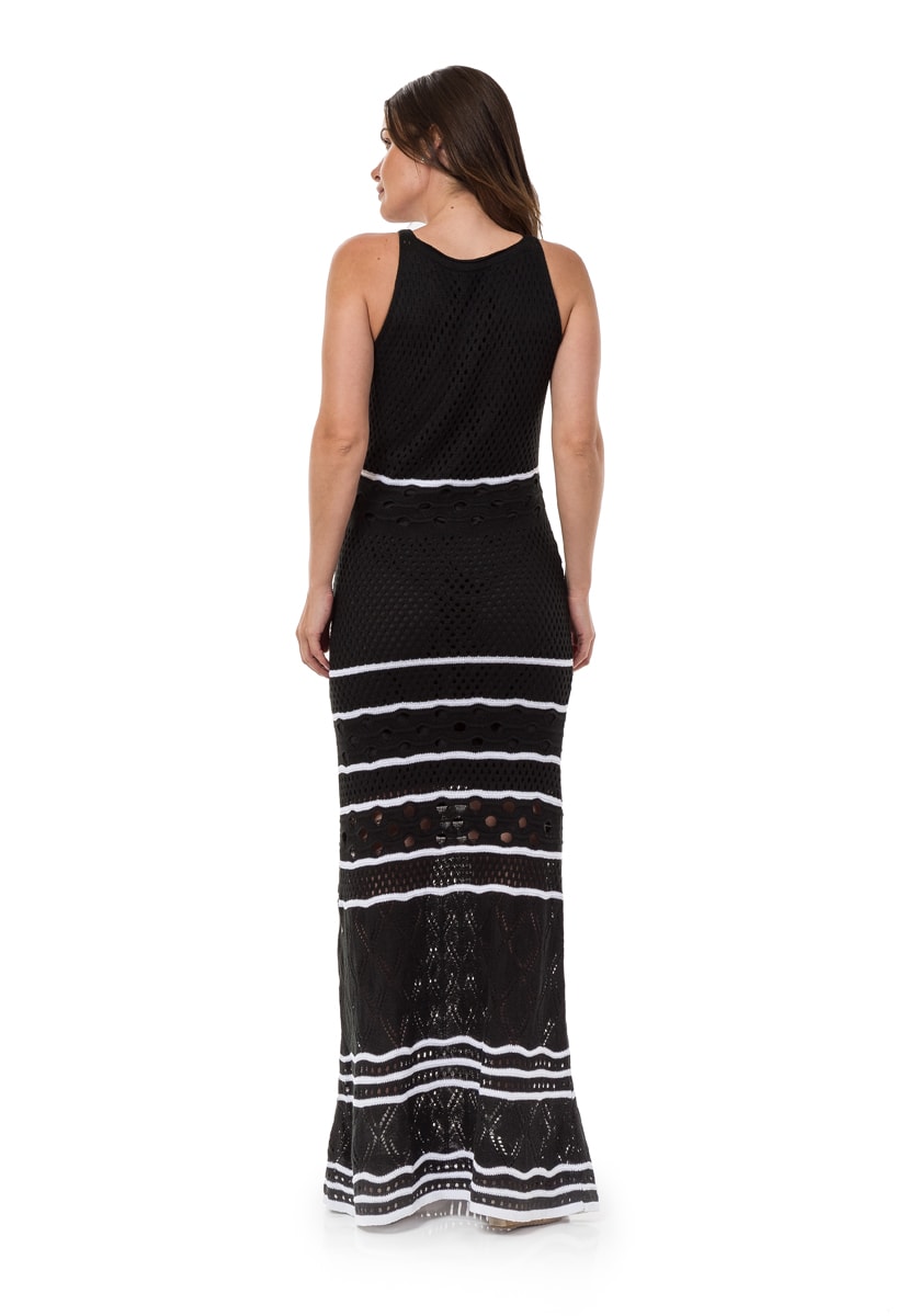 Tricô Vestido Pink Tricot Longo Estampa Listras Feminino Preto