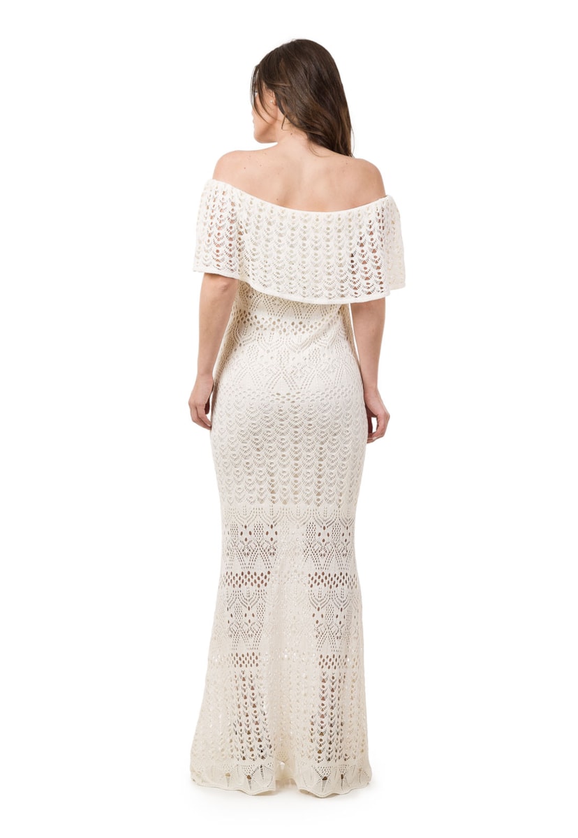 Tricô Vestido Pink Tricot Longo Feminino Ombro a Ombro Sereia Off White
