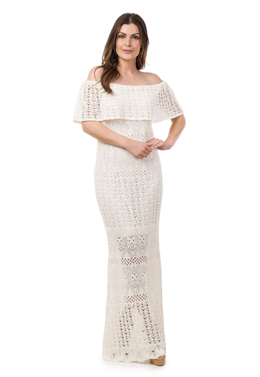 Tricô Vestido Pink Tricot Longo Feminino Ombro a Ombro Sereia Off White
