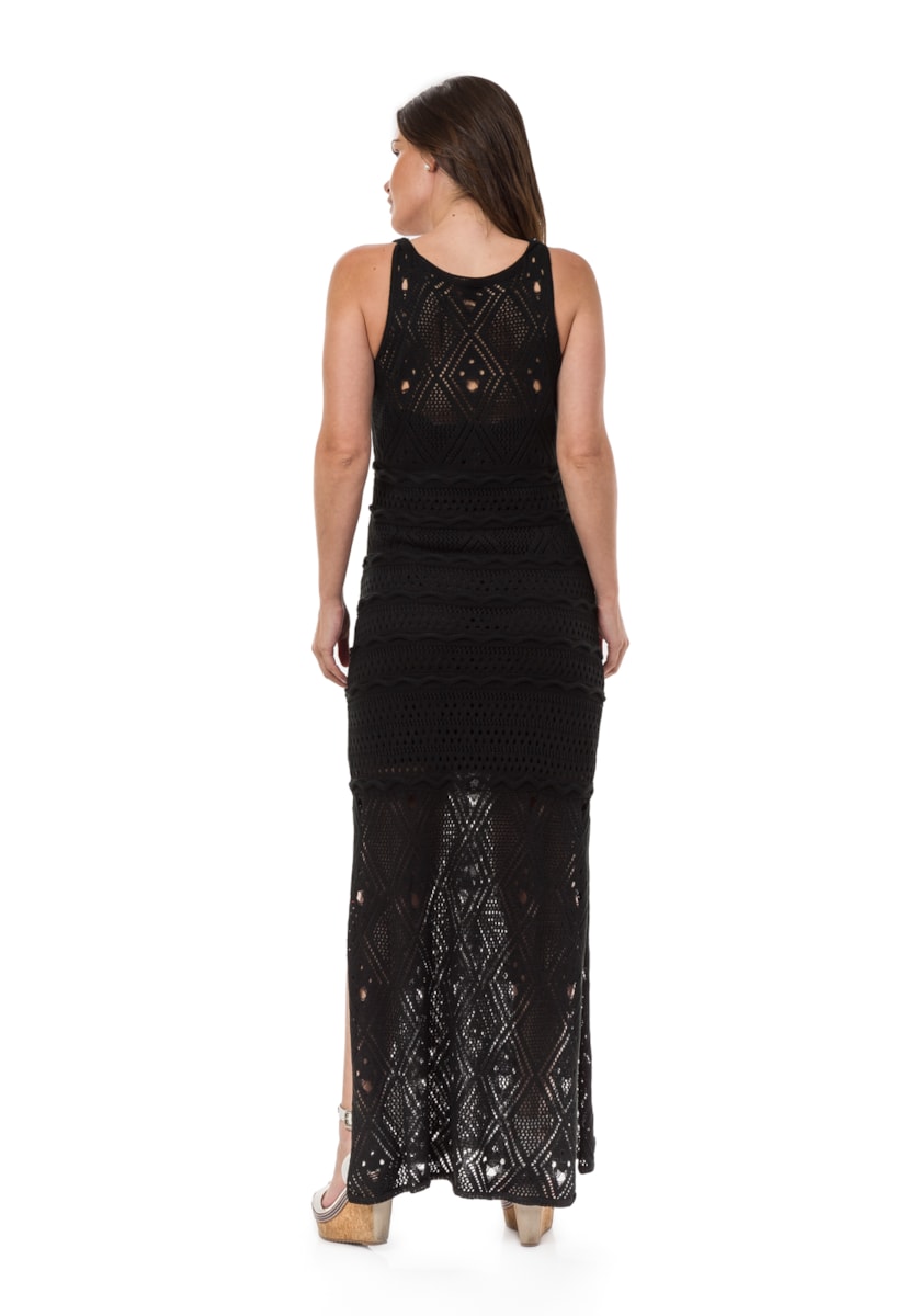 Tricô Vestido Pink Tricot Longo Fenda Feminino Preto