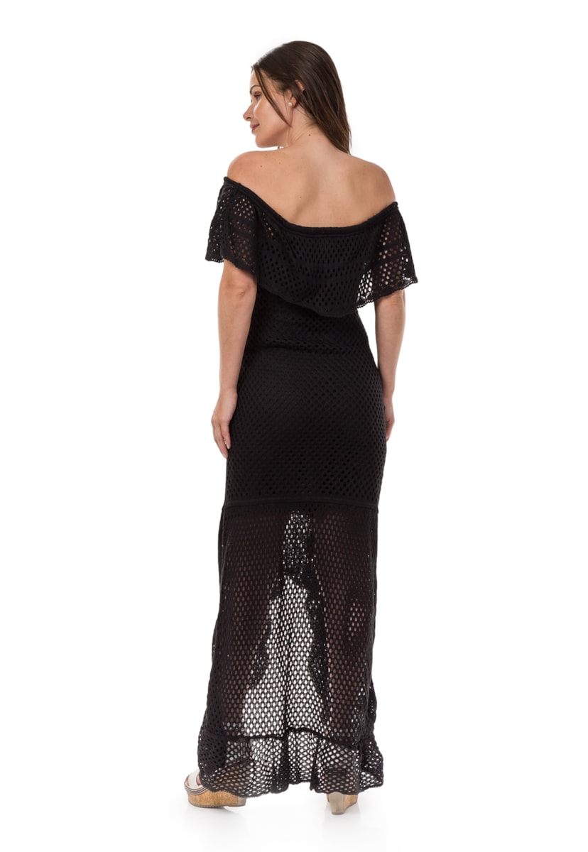 Tricô Vestido Pink Tricot Longo Ombro a Ombro com Fenda Feminino Preto
