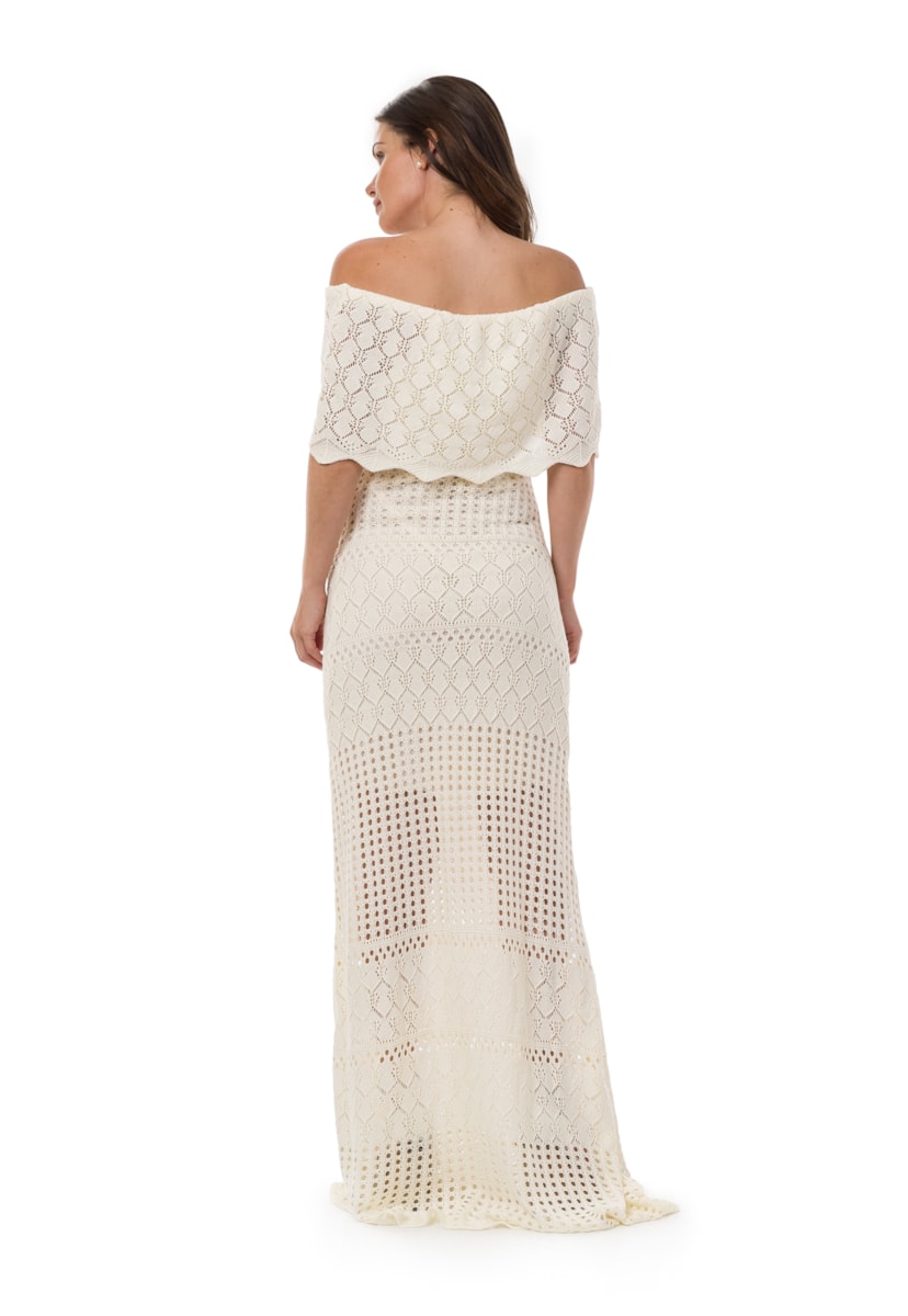 Tricô Vestido Pink Tricot Longo Ombro a Ombro Feminino Off White