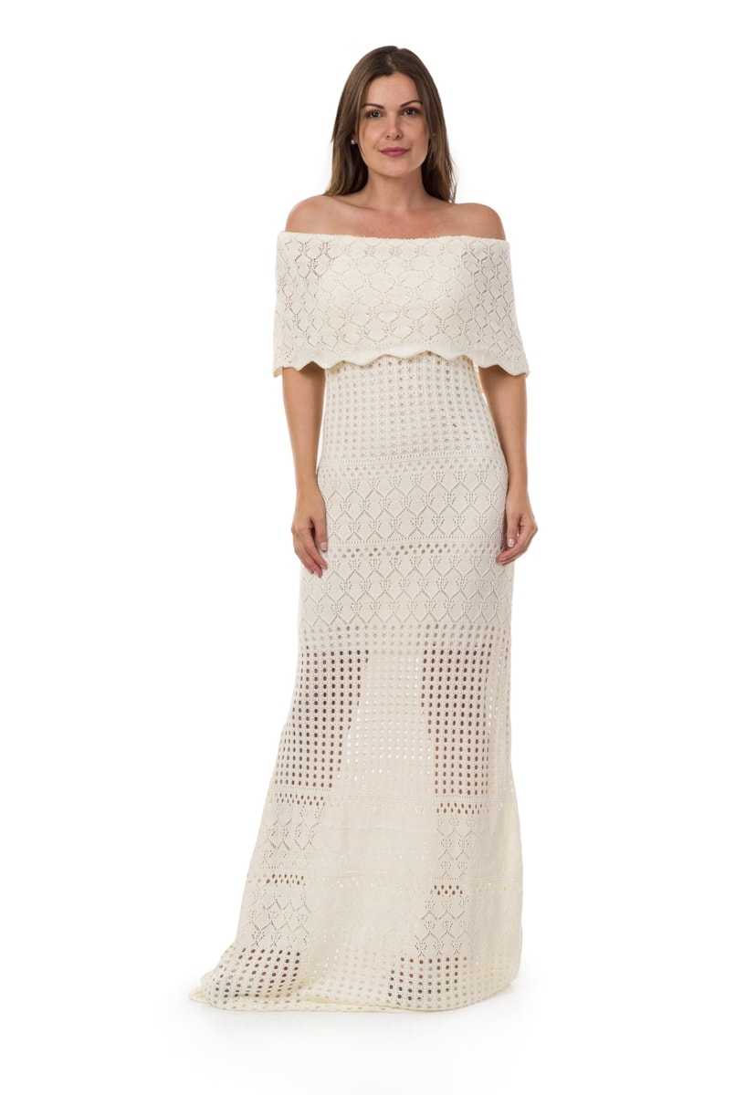 Tricô Vestido Pink Tricot Longo Ombro a Ombro Feminino Off White