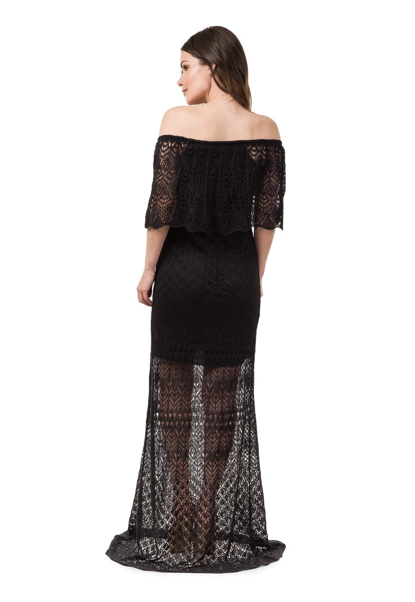 Tricô Vestido Pink Tricot Para Ensaios Pré-Wedding Feminino Ombro a Ombro Longo Preto