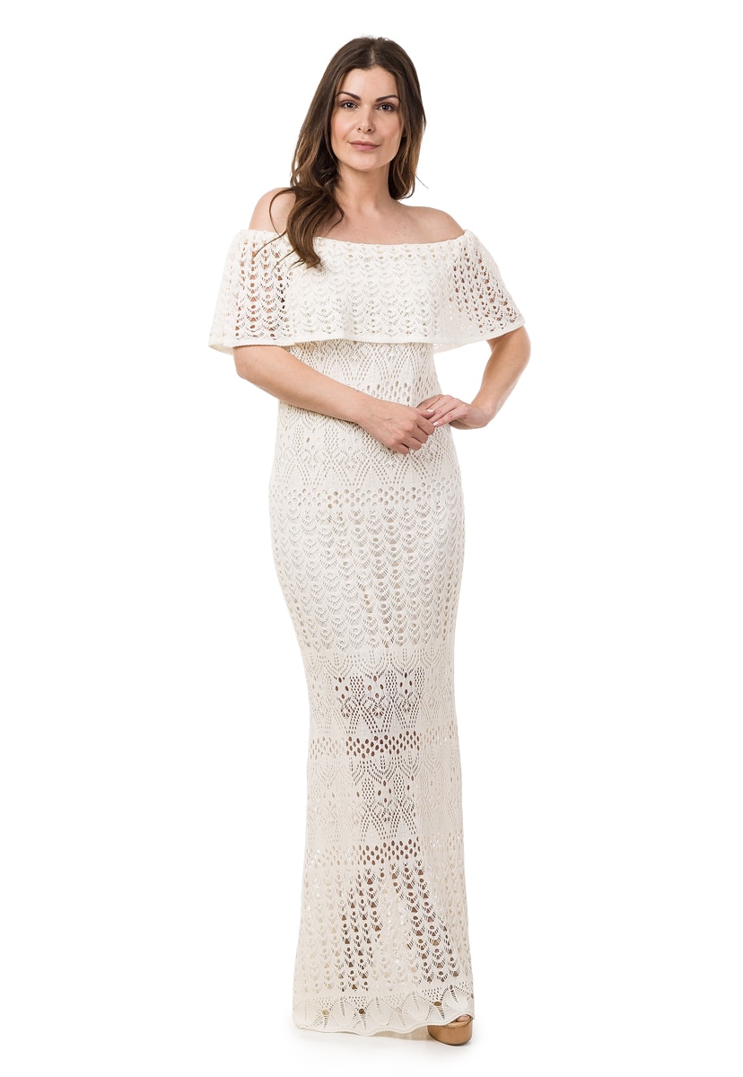 Tricô Vestido Pink Tricot Para Festa De Casamento Longo Ombro a Ombro Sereia Feminino Branco