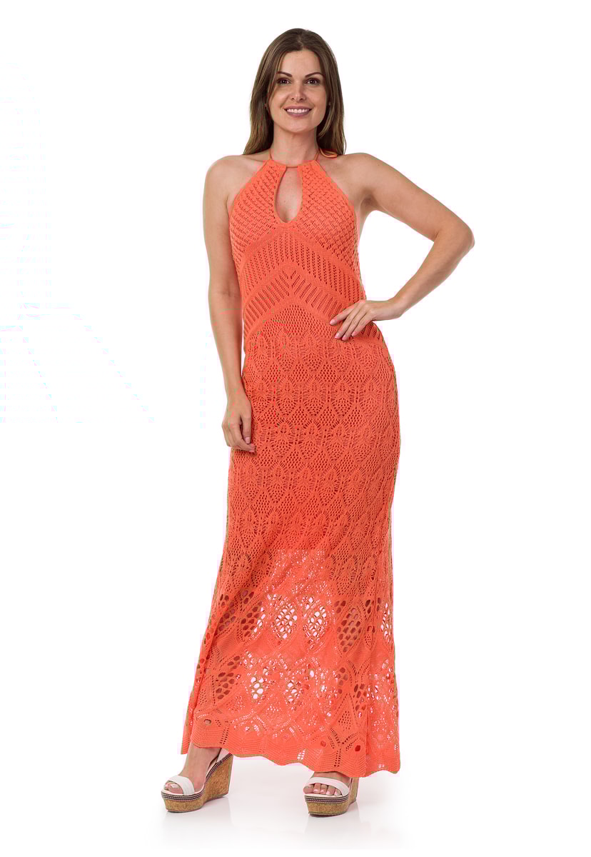 Tricô Vestido Pink Tricot Para Festa De Formatura Frente Única Longo Feminino Laranja