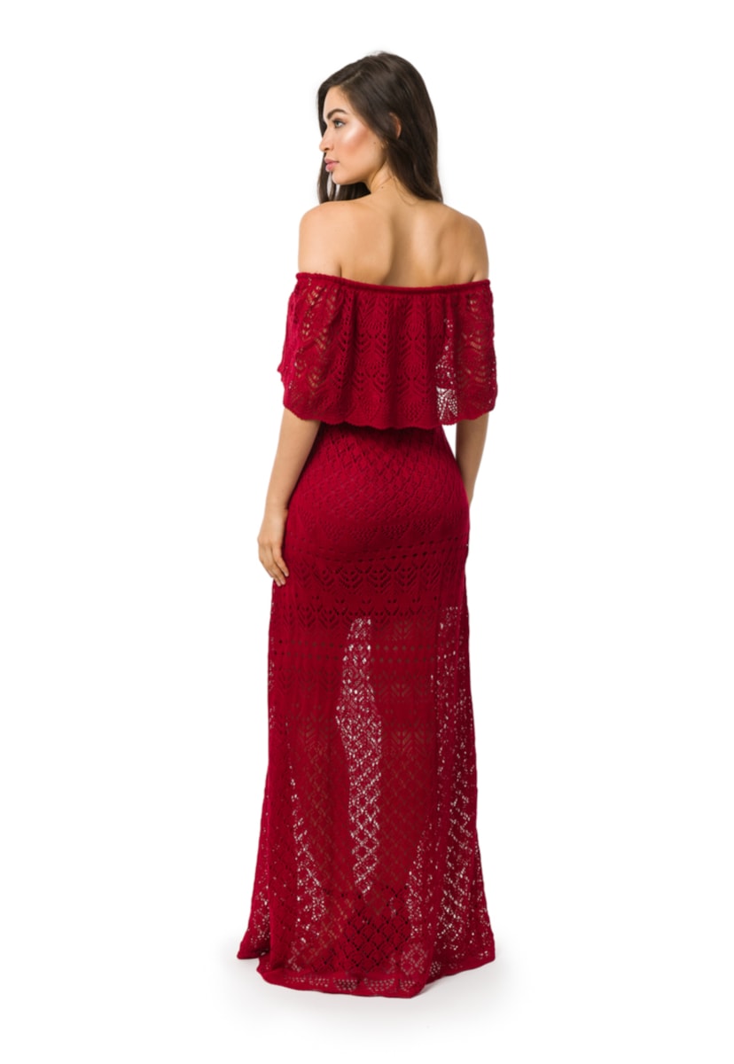 Tricô Vestido Pink Tricot Para Festa de Formatura Longo Feminino Ombro a Ombro Vermelho