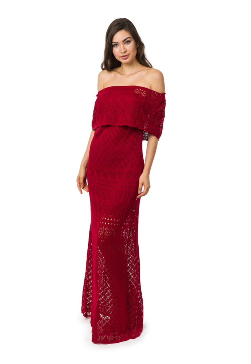 Tricô Vestido Pink Tricot Para Festa de Formatura Longo Feminino Ombro a Ombro Vermelho