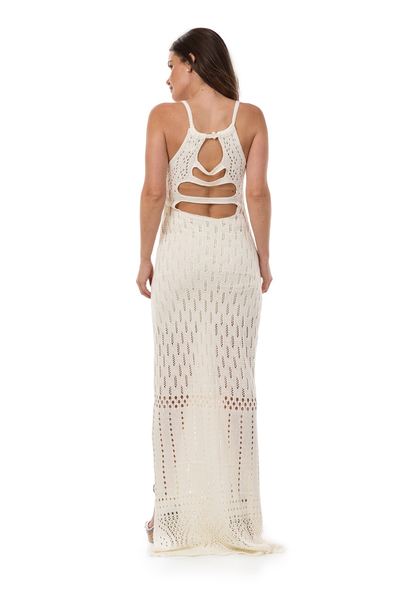 Tricô Vestido Pink Tricot Para Gestante Longo com Fenda Feminino Off White