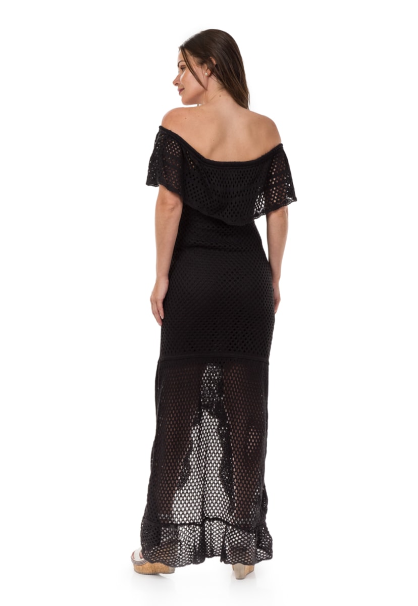 Tricô Vestido Pink Tricot Para Gestantes Longo Ombro a Ombro com Fenda Feminino Preto