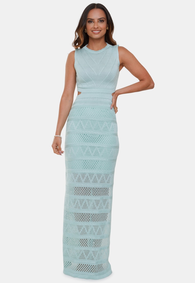 Tricô Vestido Regata Longo Pink Tricot Nina Rendado Decote na Cintura Feminino Verde Claro