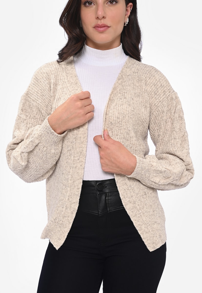 Tricot Casaco Kimono Manga Longa Fio Mousse Feminino Inverno Bege