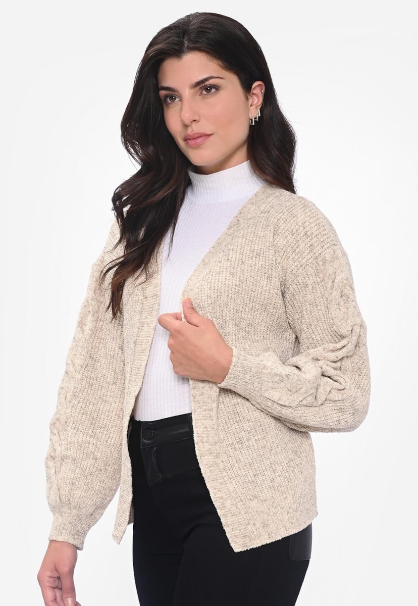 Tricot Casaco Kimono Manga Longa Fio Mousse Feminino Inverno Bege