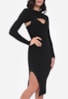 Tricot Vestido Midi Modal Canelado Com Sobreposição Feminino Preto