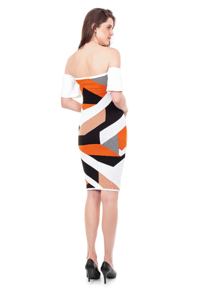 Vestido Curto de Tricot Modal Ciganinha com Estampa Geométrica Feminino Laranja