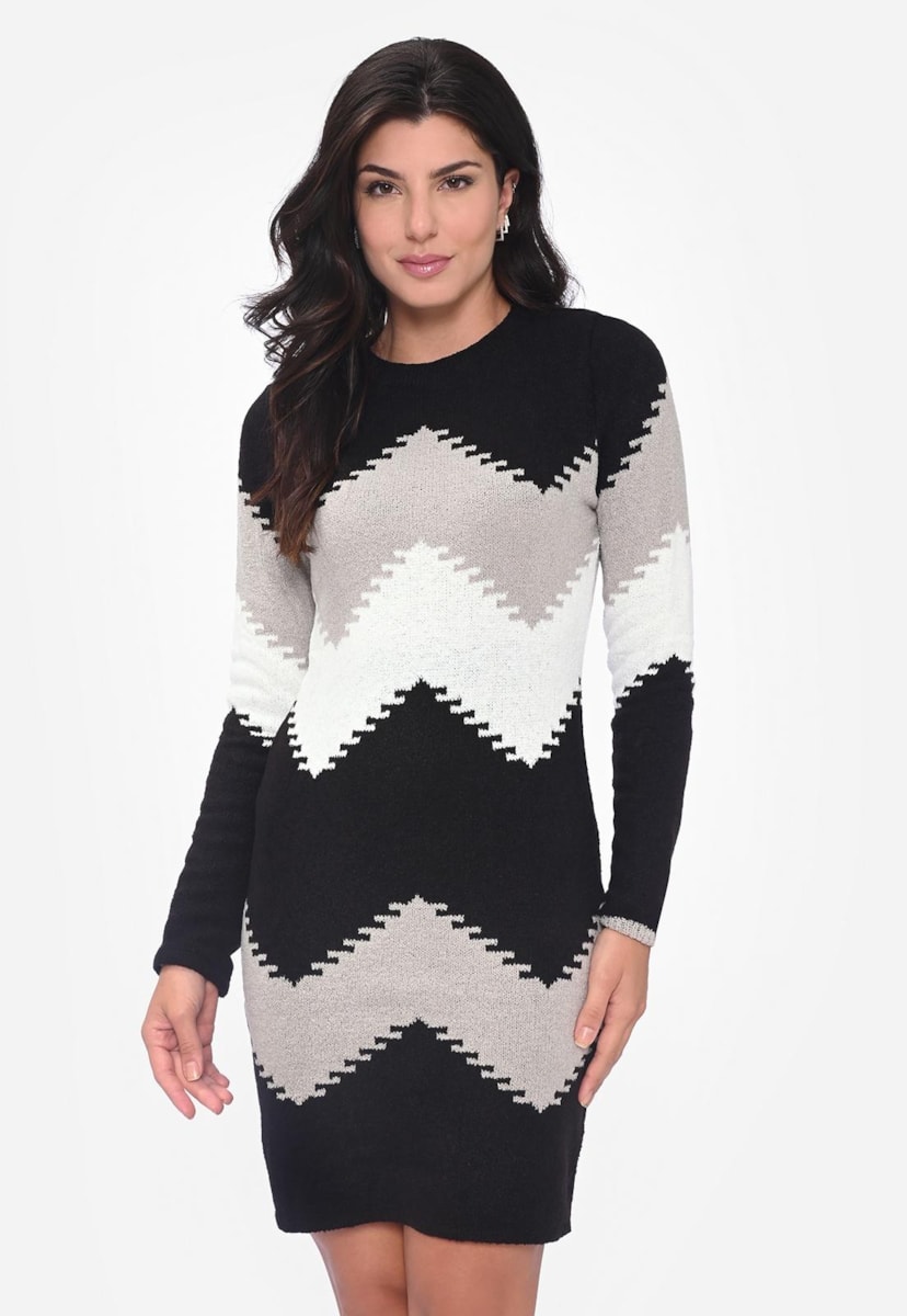 Vestido Curto de Tricot Mousse Estampado Zig Zag Feminino Preto