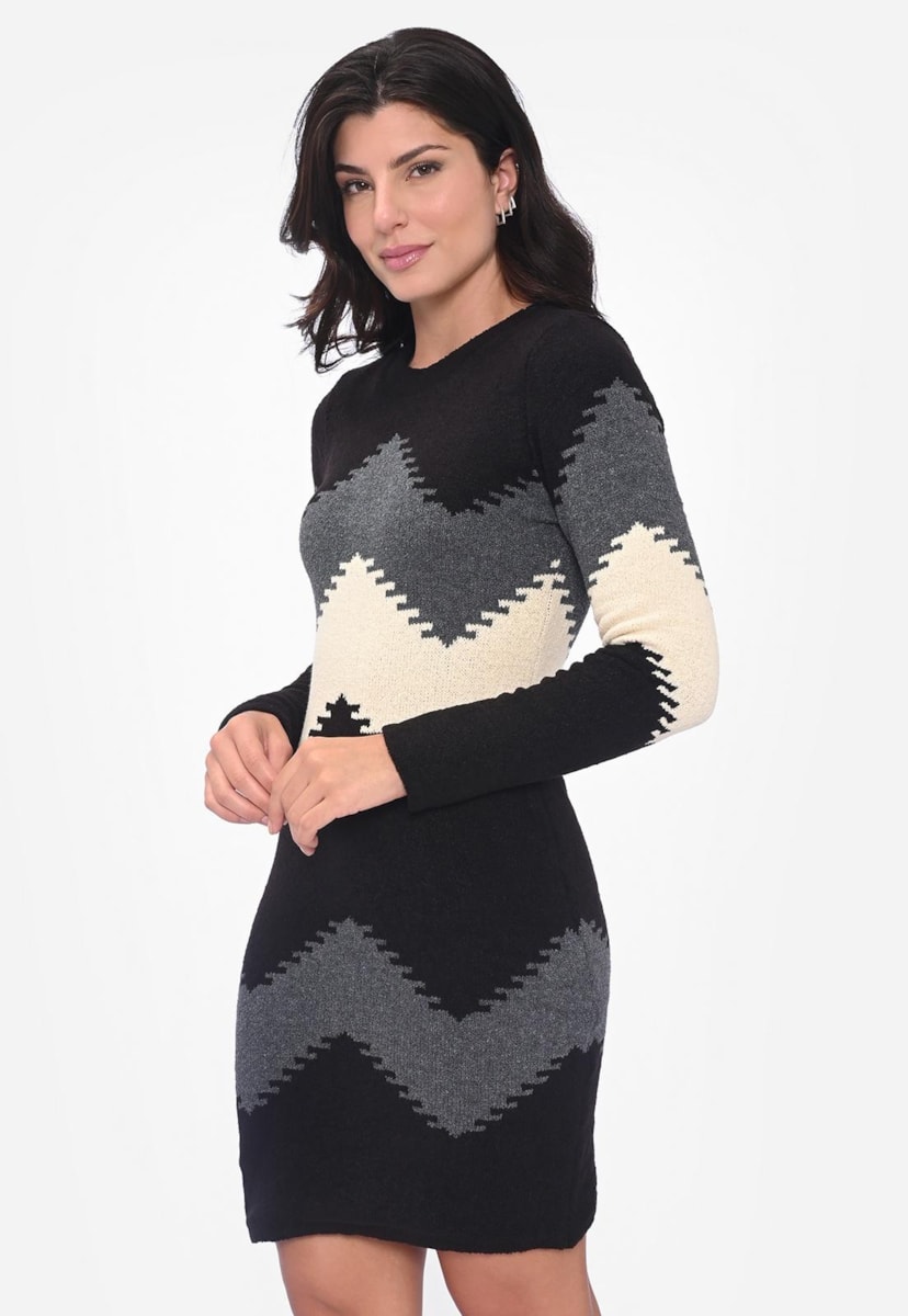 Vestido Curto Feminino de Tricot Listras Zig Zag Inverno Grafite