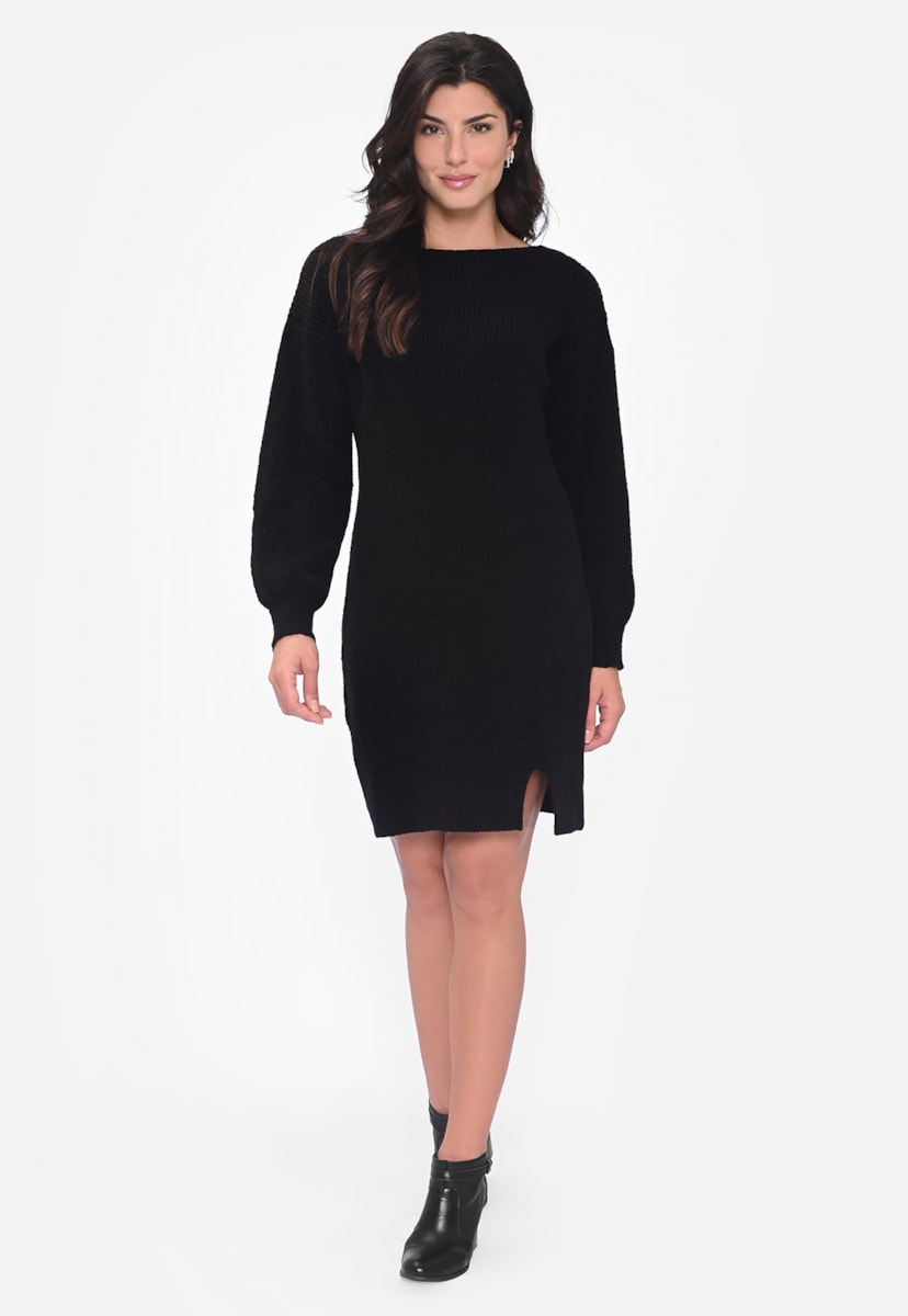 Vestido Curto Feminino de Tricot Manga Longa Com Fenda Preto