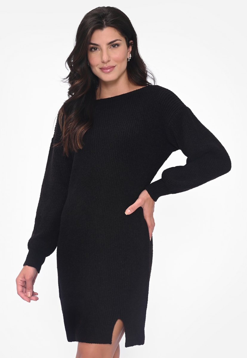 Vestido Curto Feminino de Tricot Manga Longa Com Fenda Preto