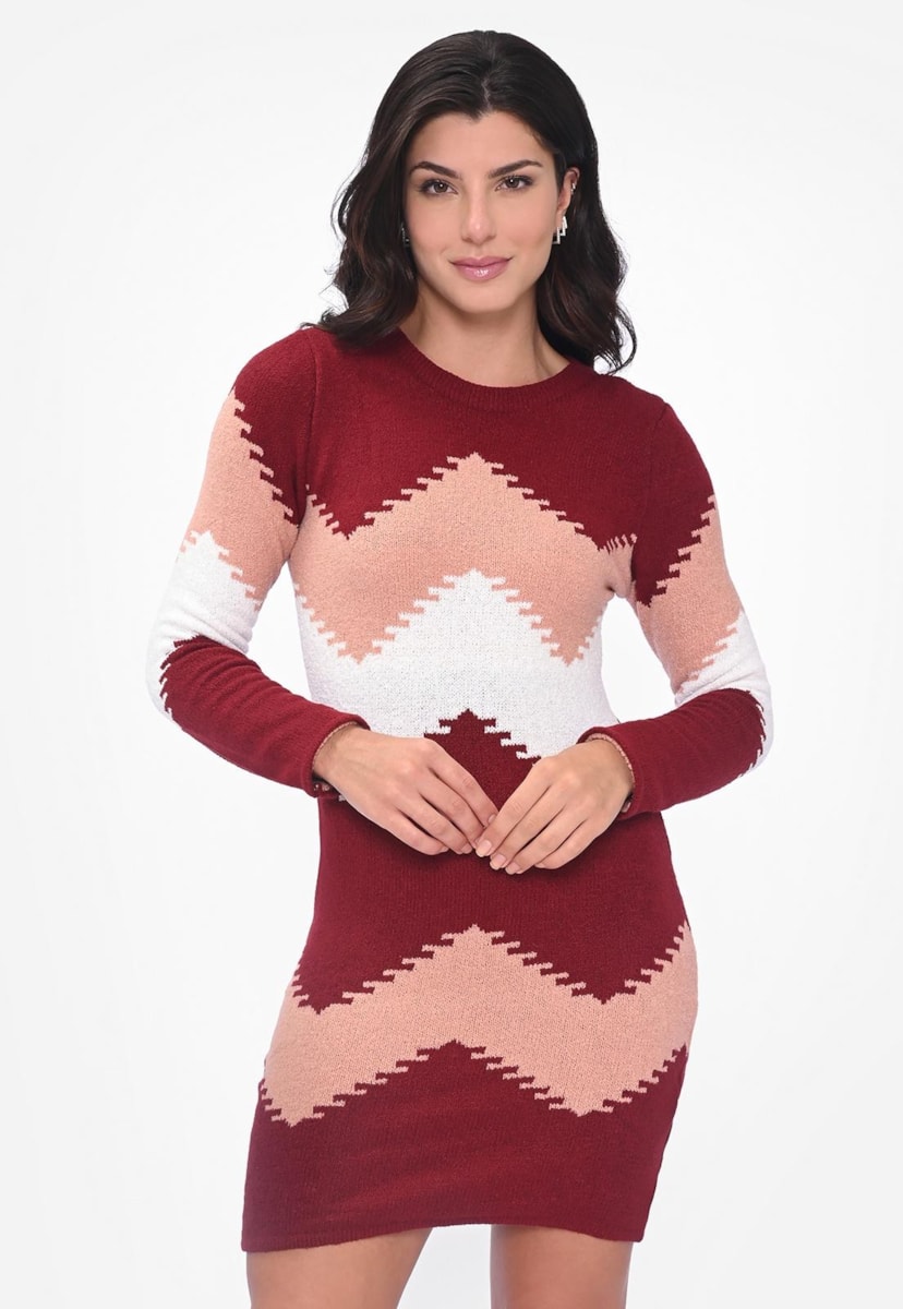 Vestido Curto Manga Longa Tricot Mousse Geométrico Feminino Bordô
