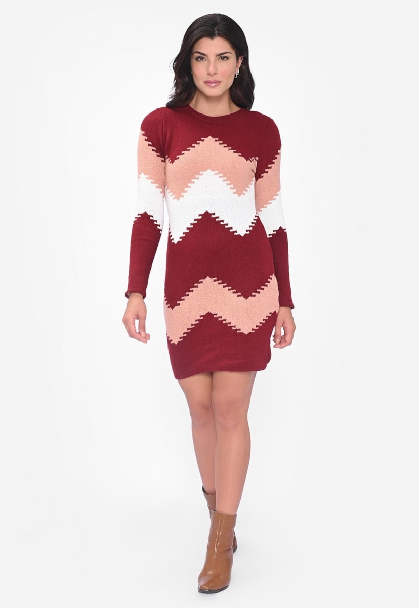 Vestido Curto Manga Longa Tricot Mousse Geométrico Feminino Bordô