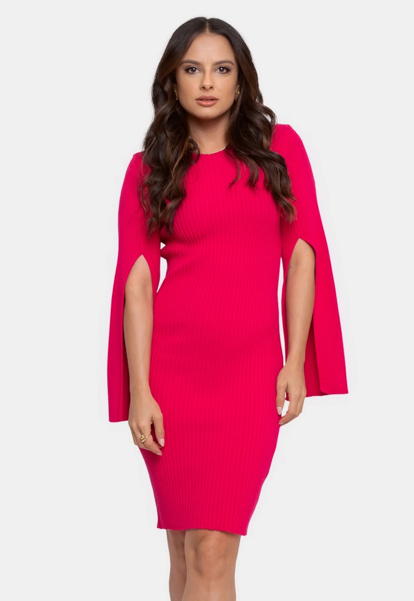 Vestido Curto Pink Tricot de Tricô Com Manga Longa Feminino Rosa