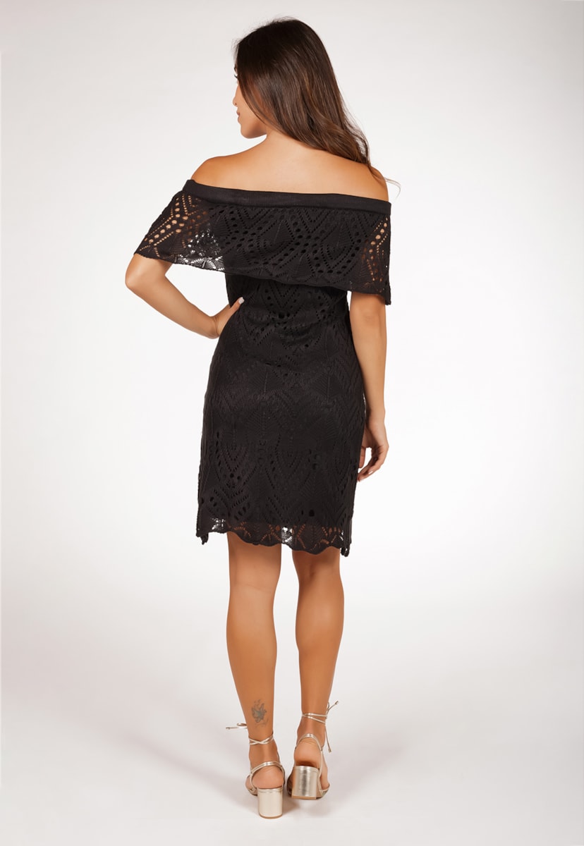 Vestido Curto Pink Tricot Para Gestante Ciganinha Rendado de Tricô Feminino Preto