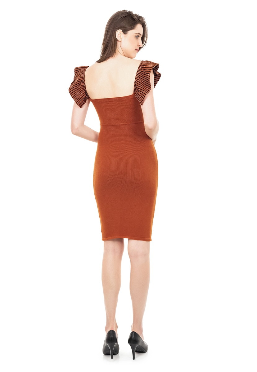 Vestido Curto Pink Tricot Tubinho De Tricô Modal Listras e Fio Metalizado Lurex Ferrugem