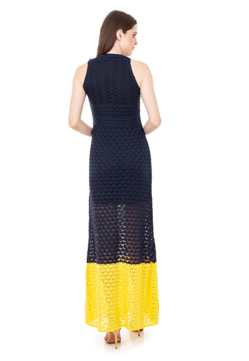 Vestido De Festa Longo De Tricô Com Renda Rodado com Listra na Barra Feminino Azul Marinho com Amarelo