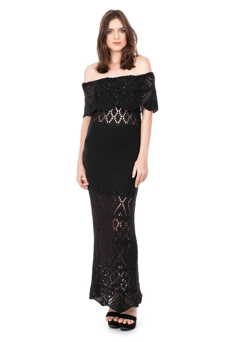 Vestido De Festa Longo de Tricot Renda Ombro a Ombro Pala Feminino Preto