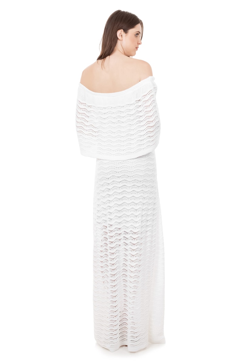 Vestido De Festa Longo de Tricot Renda Pala Ombro a Ombro Feminino Branco