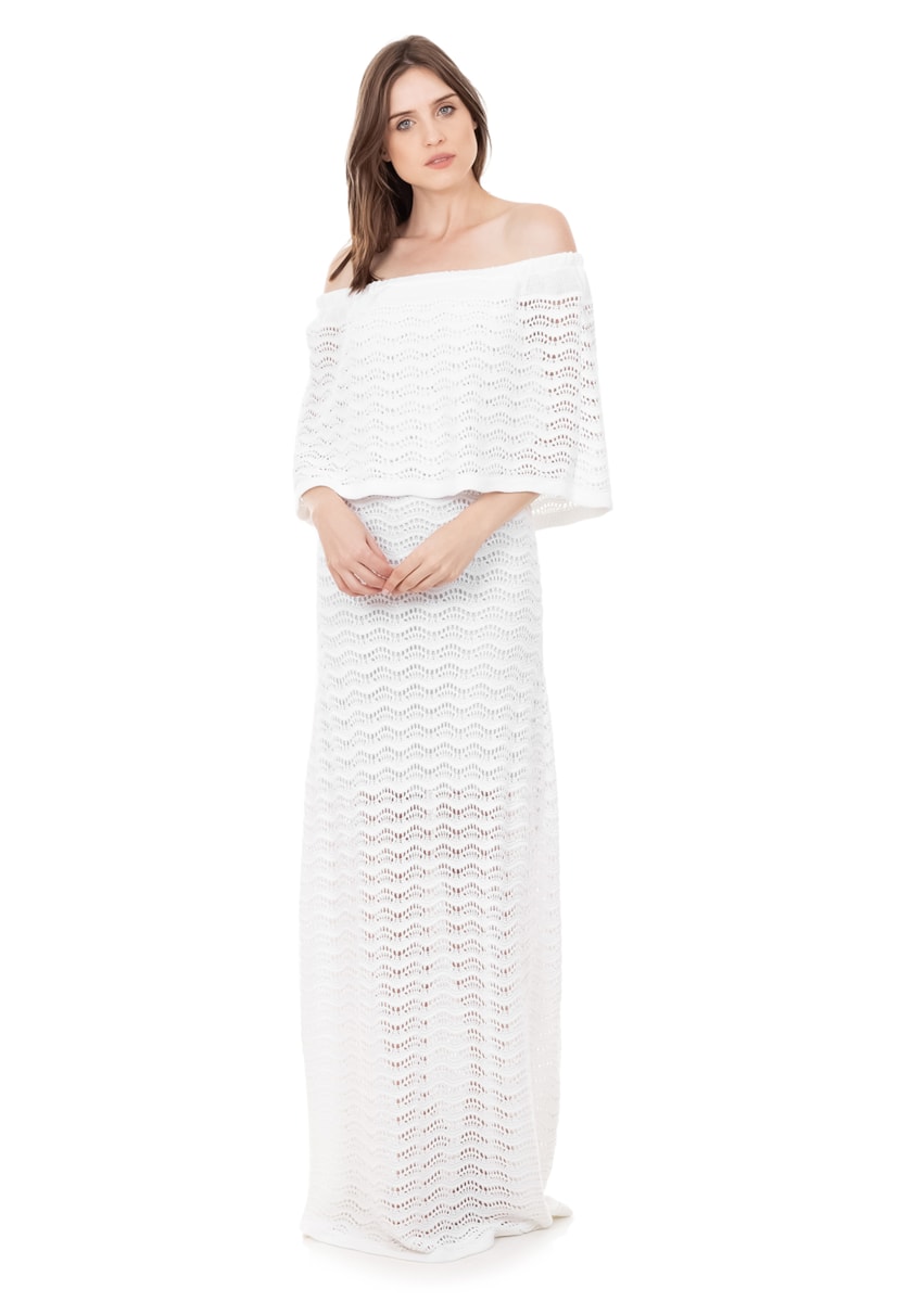 Vestido De Festa Longo de Tricot Renda Pala Ombro a Ombro Feminino Branco