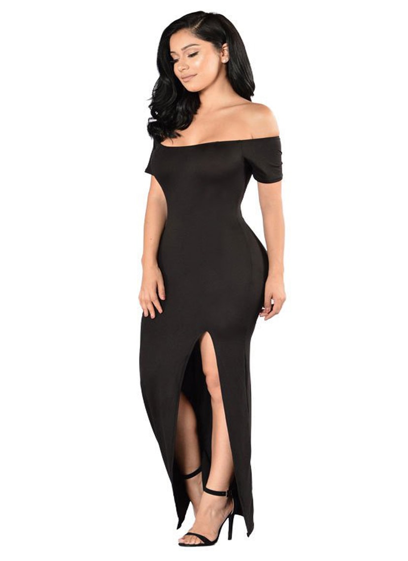 Vestido de Festa Longo Ombro a Ombro com Fenda Feminino Preto
