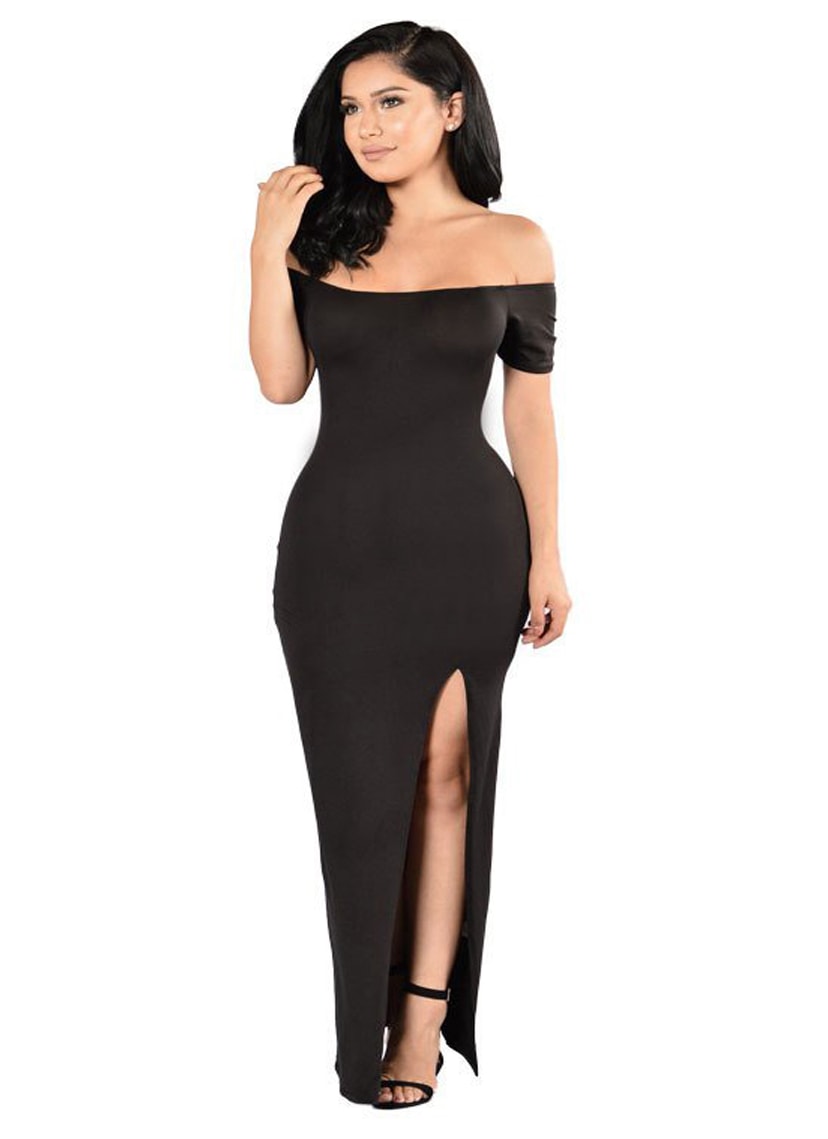 Vestido de Festa Longo Ombro a Ombro com Fenda Feminino Preto