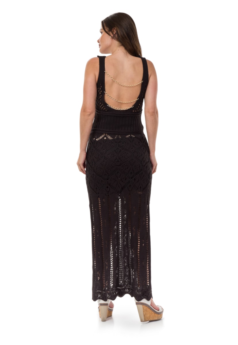 Vestido De Festa Longo Pink Tricot Com Decote nas Costas Correntes De Tricô Feminino Preto