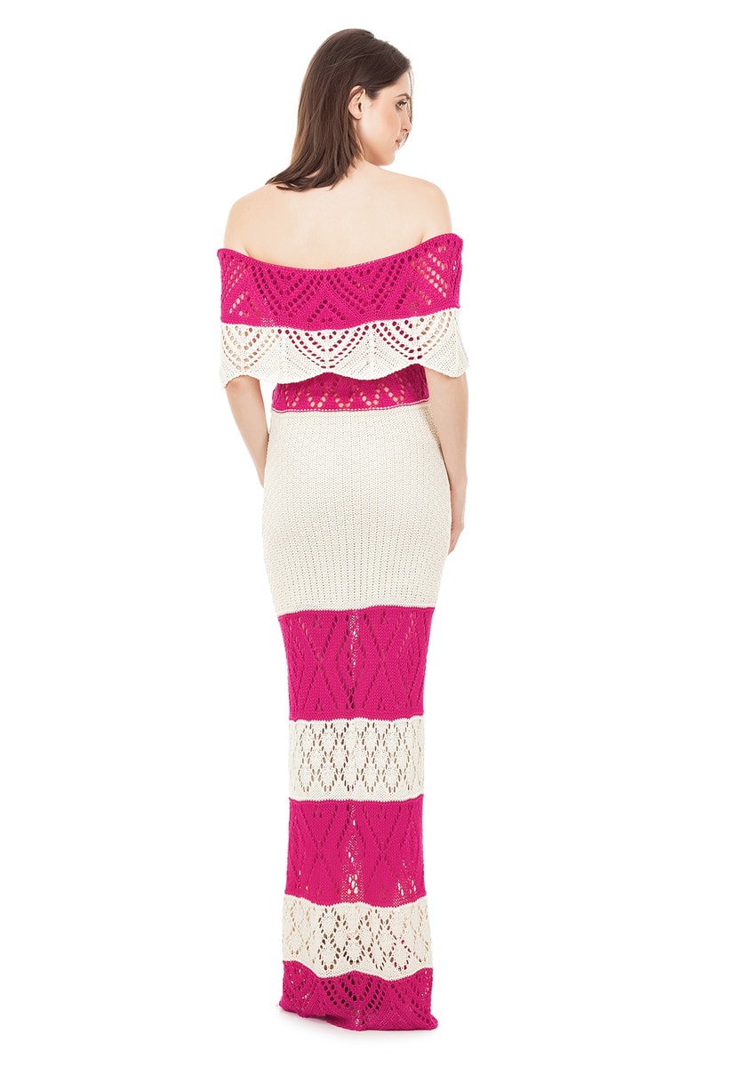 Vestido De Festa Longo Pink Tricot Com Renda Ombro a Ombro De Tricô Pala Listrado Feminino Rosa com Off