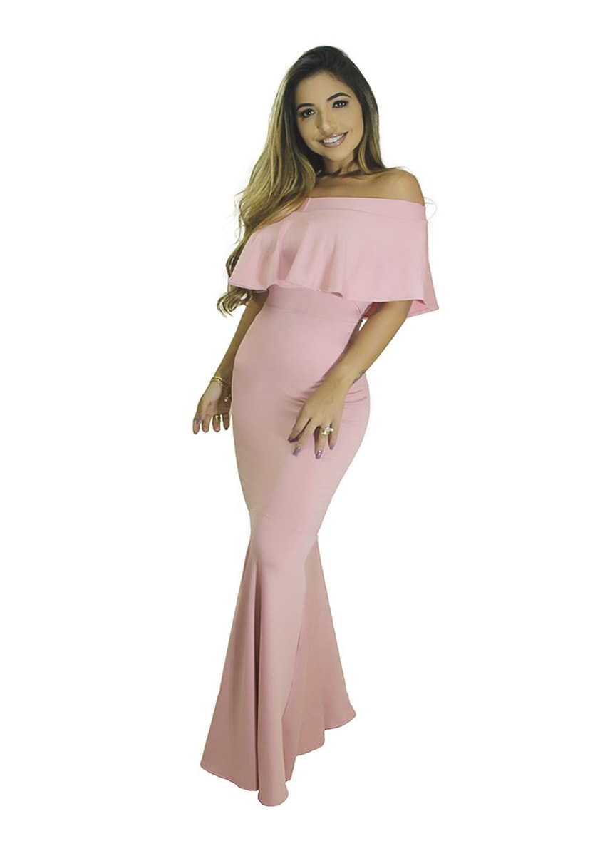 Vestido De Festa Longo Pink Tricot Ombro a Ombro com Babado Frontal Sereia Feminino Rosa