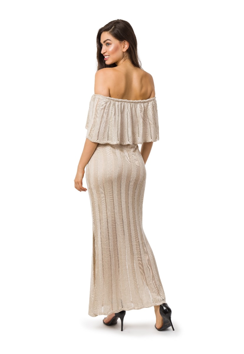 Vestido De Festa Longo Pink Tricot Ombro a Ombro De Tricô Com Fenda Feminino Bege