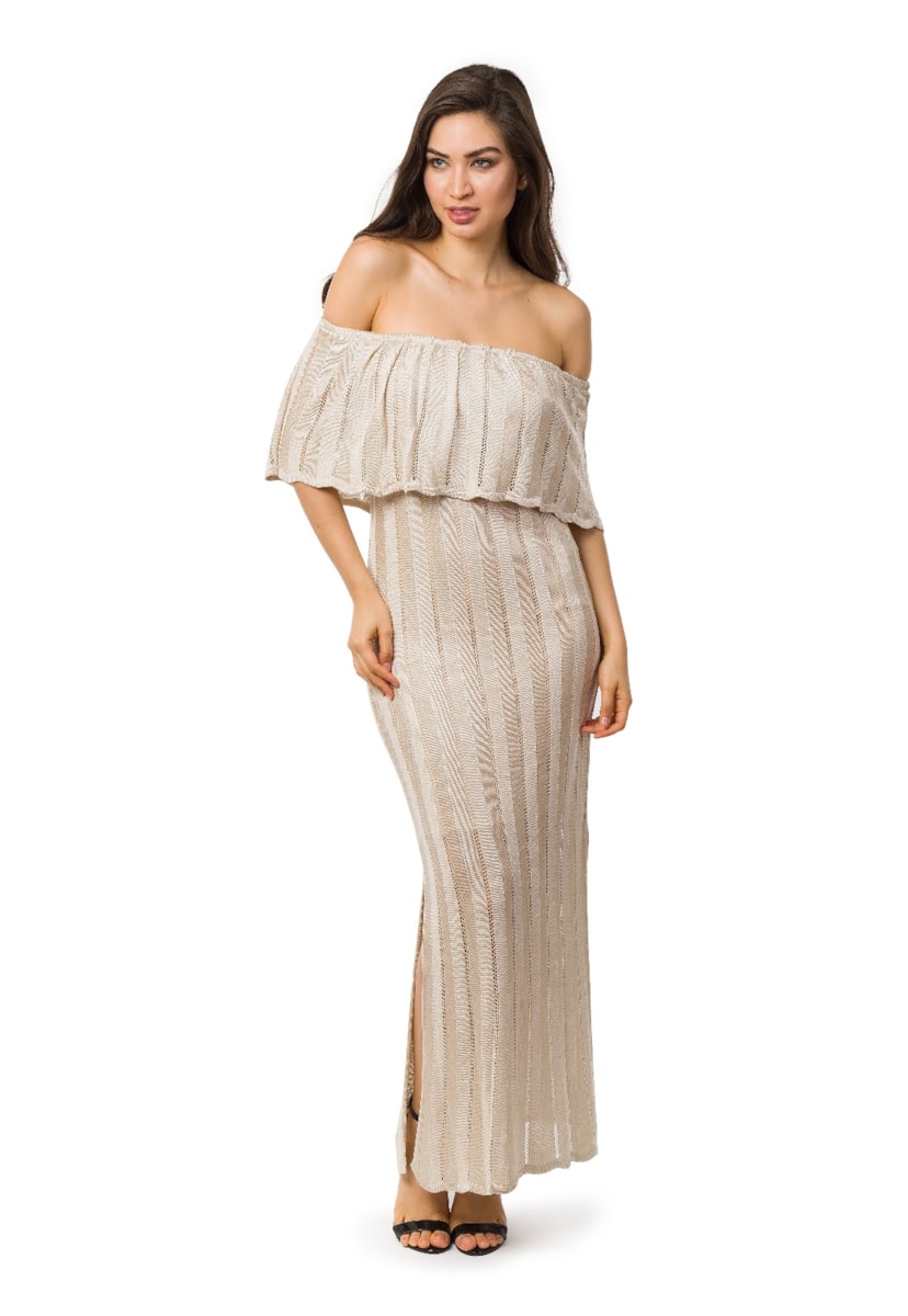 Vestido De Festa Longo Pink Tricot Ombro a Ombro De Tricô Com Fenda Feminino Bege