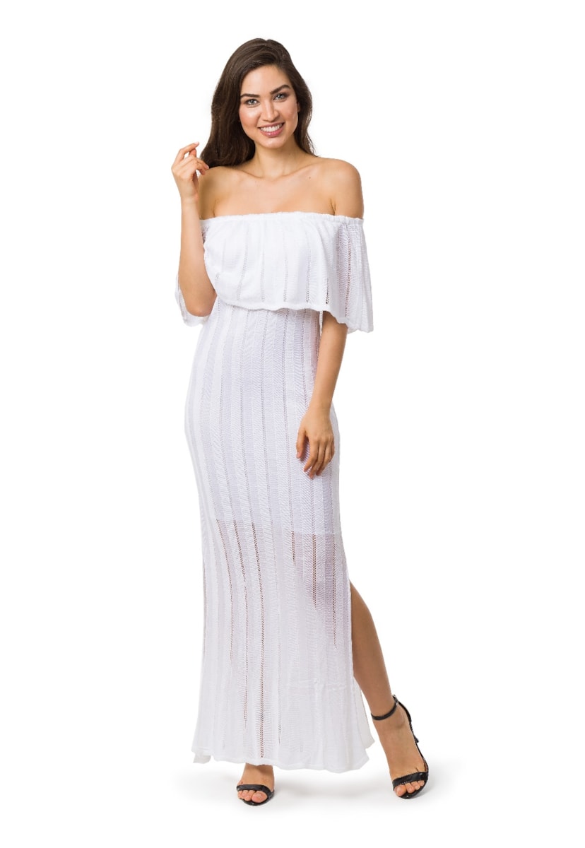 Vestido De Festa Longo Pink Tricot Ombro a Ombro De Tricô Com Fenda Feminino Branco