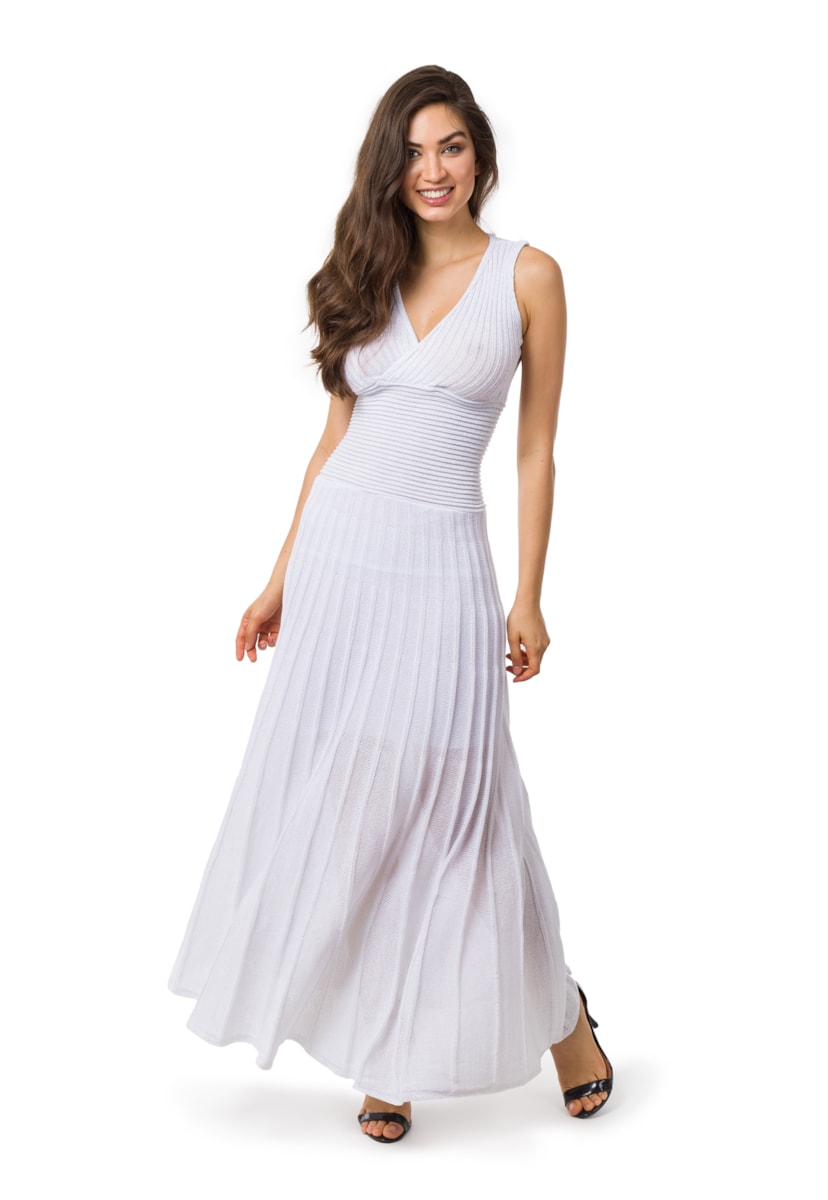 Vestido De Festa Longo Pink Tricot Plissado De Tricô Com Lurex  Liso Feminino Branco