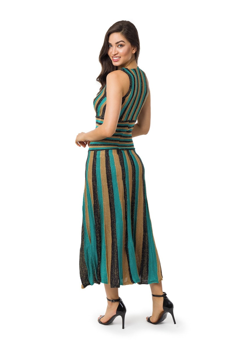 Vestido De Festa Longo Pink Tricot  Plissado Listrado Feminino Verde